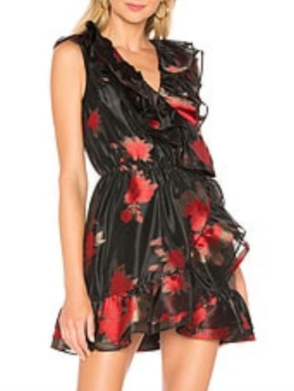 LOVERS + Friends Winnie Mini Floral Wrap Dress in Black And Red